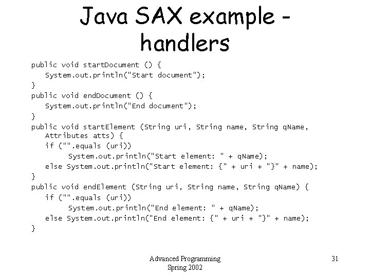 Java SAX example handlers public void start. Document () { System. out. println("Start document");