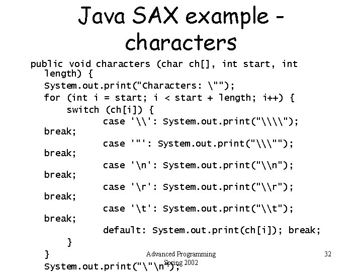 Java SAX example characters public void characters (char ch[], int start, int length) {