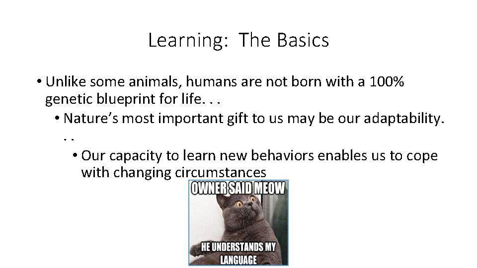 Learning: The Basics • Unlike some animals, humans are not born with a 100%