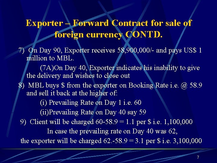 Exporter – Forward Contract for sale of foreign currency CONTD. 7) On Day 90,