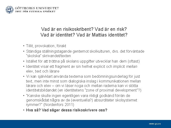 Vad är en risikoskribent? Vad är en risk? Vad är identitet? Vad är Mattias
