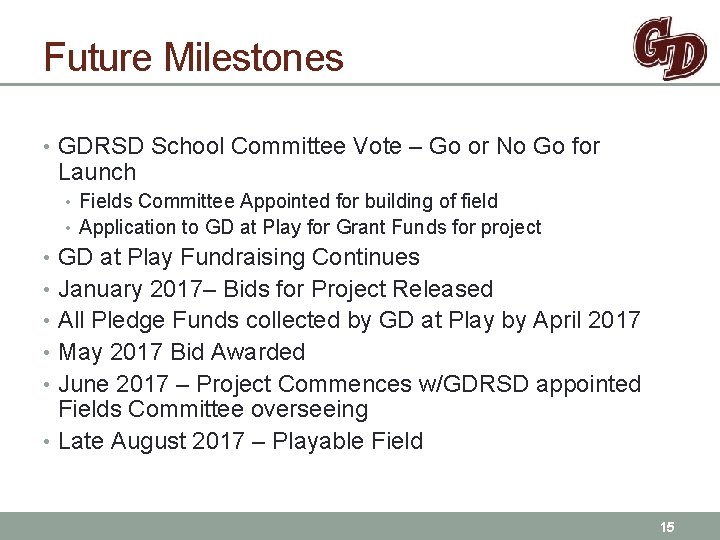 Future Milestones • GDRSD School Committee Vote – Go or No Go for Launch