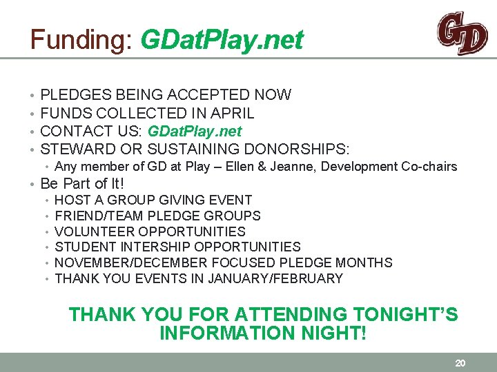 Funding: GDat. Play. net • • PLEDGES BEING ACCEPTED NOW FUNDS COLLECTED IN APRIL