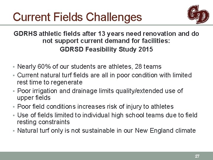 Current Fields Challenges GDRHS athletic fields after 13 years need renovation and do not