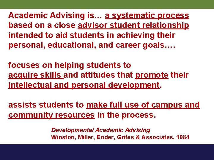 Academic Advising is… a systematic process based on a close advisor student relationship intended