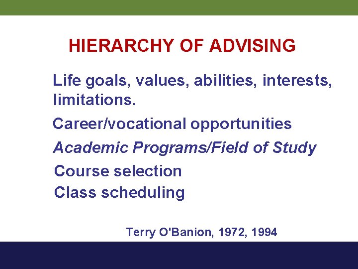 HIERARCHY OF ADVISING Life goals, values, abilities, interests, limitations. Career/vocational opportunities Academic Programs/Field of