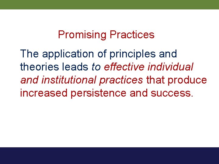 Promising Practices The application of principles and theories leads to effective individual and institutional