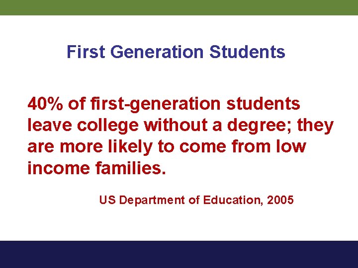 First Generation Students 40% of first-generation students leave college without a degree; they are