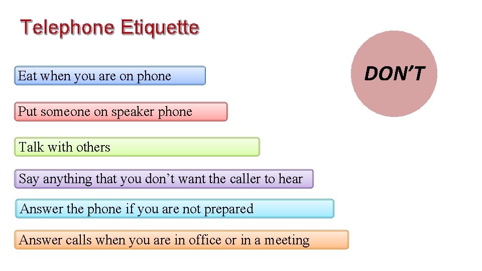 Telephone Etiquette Eat when you are on phone Put someone on speaker phone Talk