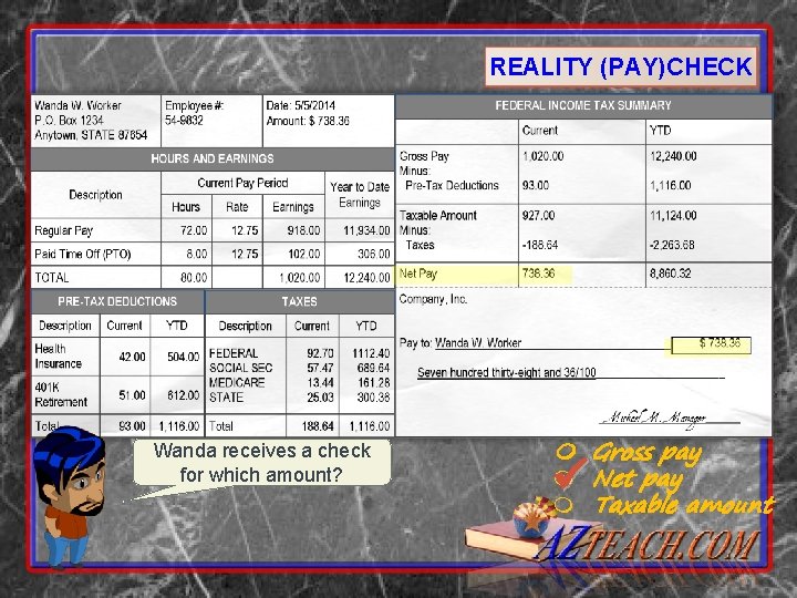 REALITY (PAY)CHECK Wanda receives a check for which amount? Gross pay m Net pay