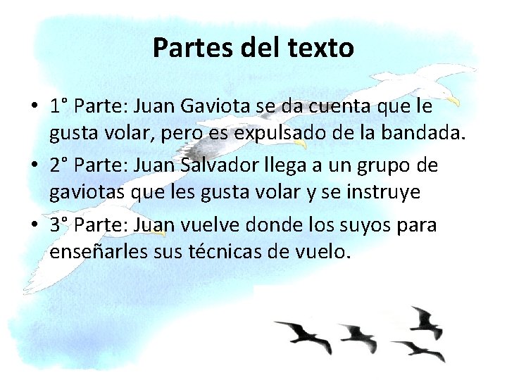 Partes del texto • 1° Parte: Juan Gaviota se da cuenta que le gusta