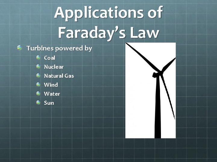 Applications of Faraday’s Law Turbines powered by Coal Nuclear Natural Gas Wind Water Sun