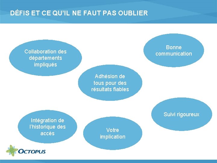 DÉFIS ET CE QU’IL NE FAUT PAS OUBLIER Bonne communication Collaboration des départements impliqués