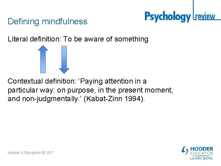 Defining mindfulness Literal definition: To be aware of something Contextual definition: ‘Paying attention in