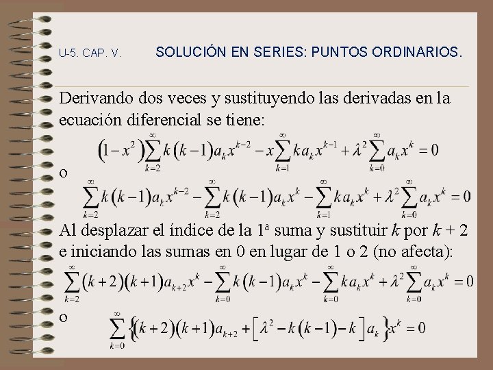 U-5. CAP. V. SOLUCIÓN EN SERIES: PUNTOS ORDINARIOS. Derivando dos veces y sustituyendo las