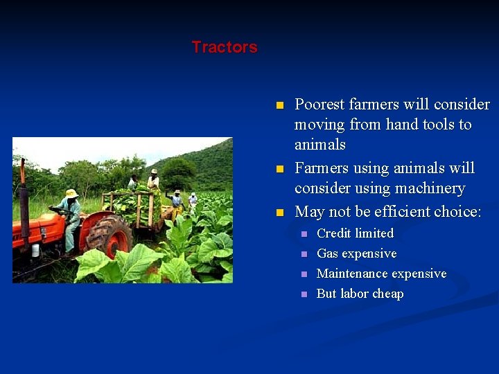 Tractors n n n Poorest farmers will consider moving from hand tools to animals