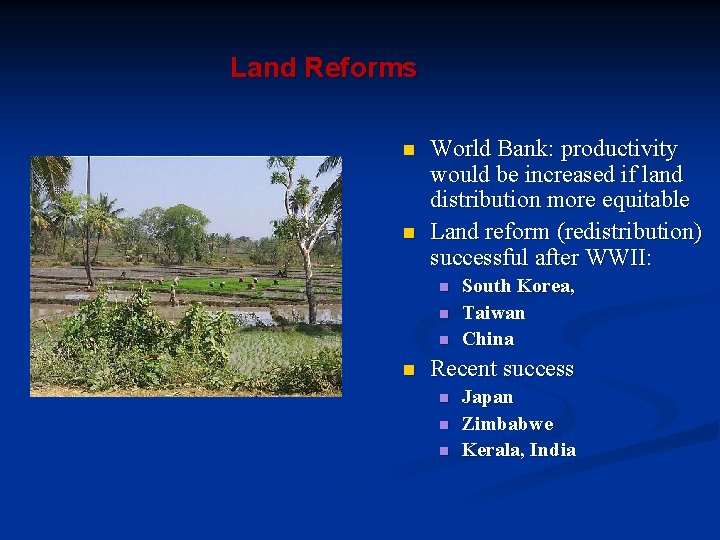 Land Reforms n n World Bank: productivity would be increased if land distribution more