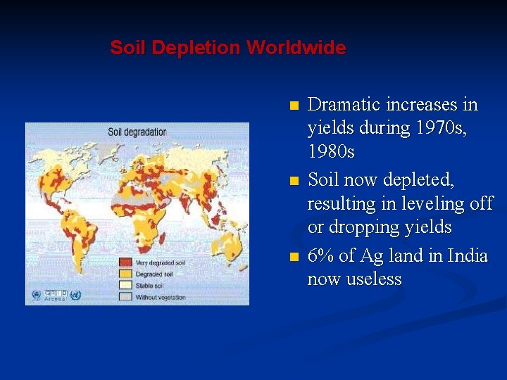 Soil Depletion Worldwide n n n Dramatic increases in yields during 1970 s, 1980