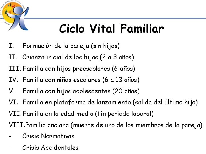 Ciclo Vital Familiar I. Formación de la pareja (sin hijos) II. Crianza inicial de