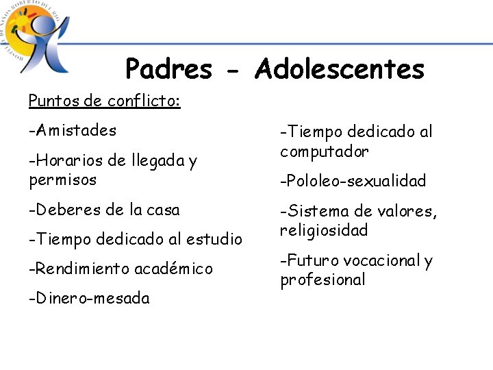 Padres - Adolescentes Puntos de conflicto: -Amistades -Horarios de llegada y permisos -Deberes de