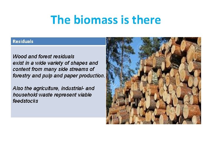 The biomass is there Residuals Wood and forest residuals exist in a wide variety