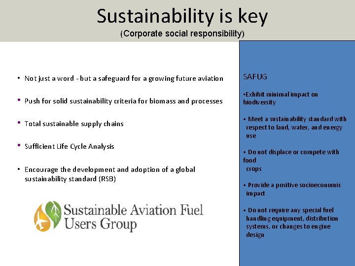 Sustainability is key (Corporate social responsibility) • Not just a word - but a