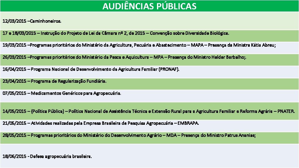 AUDIÊNCIAS PÚBLICAS 12/03/2015 –Caminhoneiros. 17 e 18/03/2015 – Instrução do Projeto de Lei da