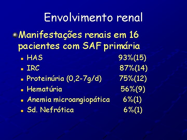 Envolvimento renal Manifestações renais em 16 pacientes com SAF primária n n n HAS