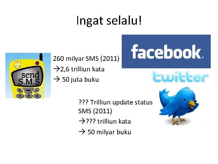 Ingat selalu! 260 milyar SMS (2011) à 2, 6 trilliun kata à 50 juta