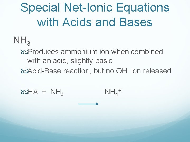Special Net-Ionic Equations with Acids and Bases NH 3 Produces ammonium ion when combined