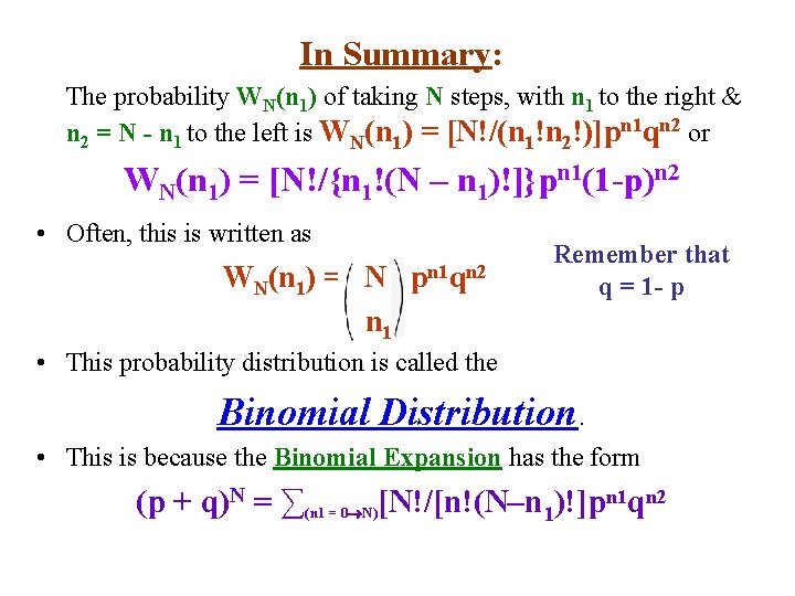 In Summary: The probability WN(n 1) of taking N steps, with n 1 to