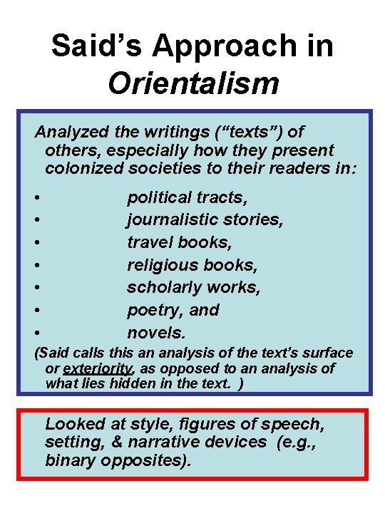 Said’s Approach in Orientalism Analyzed the writings (“texts”) of others, especially how they present Said’s Approach in Orientalism Analyzed the writings (“texts”) of others, especially how they present