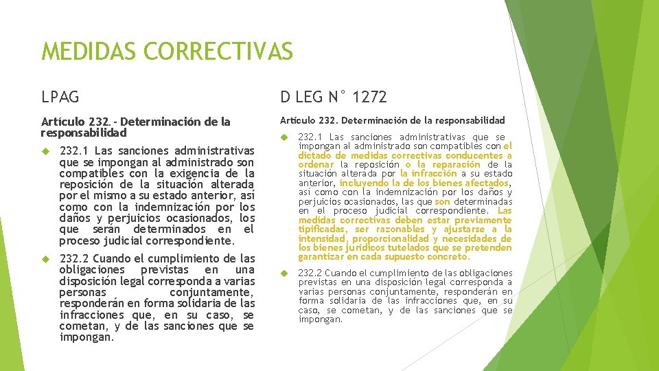 MEDIDAS CORRECTIVAS LPAG D LEG N° 1272 Artículo 232. - Determinación de la responsabilidad