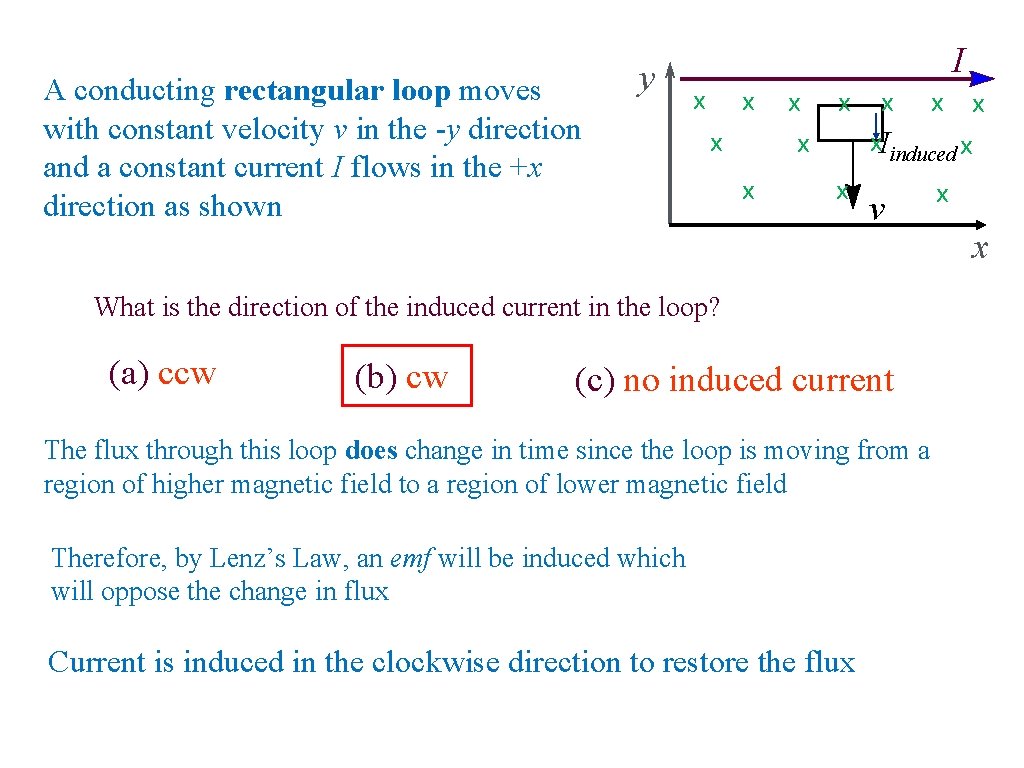 A conducting rectangular loop moves with constant velocity v in the -y direction and