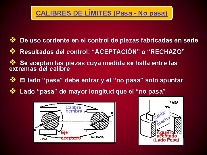 CALIBRES DE LÍMITES (Pasa - No pasa) v v v De uso corriente en