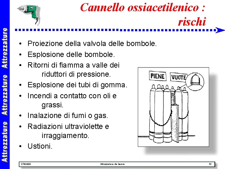 Cannello ossiacetilenico : rischi • Proiezione della valvola delle bombole. • Esplosione delle bombole.