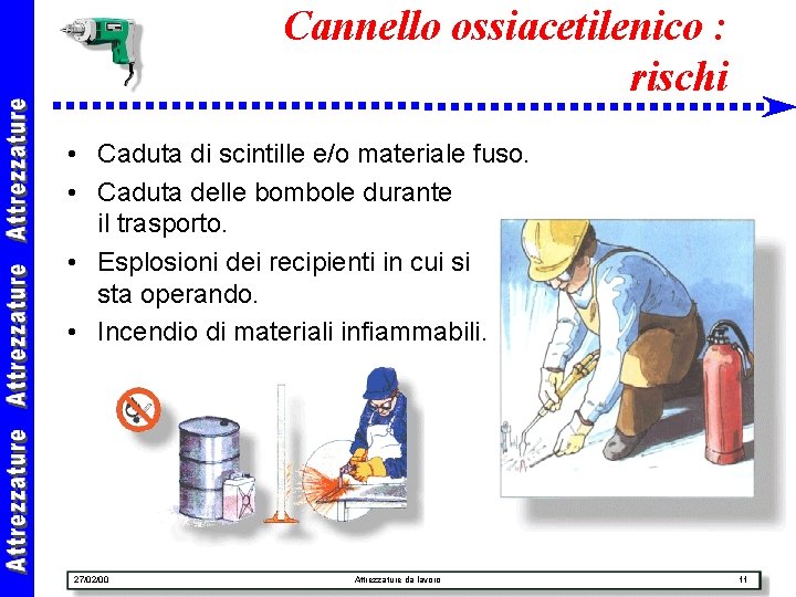 Cannello ossiacetilenico : rischi • Caduta di scintille e/o materiale fuso. • Caduta delle