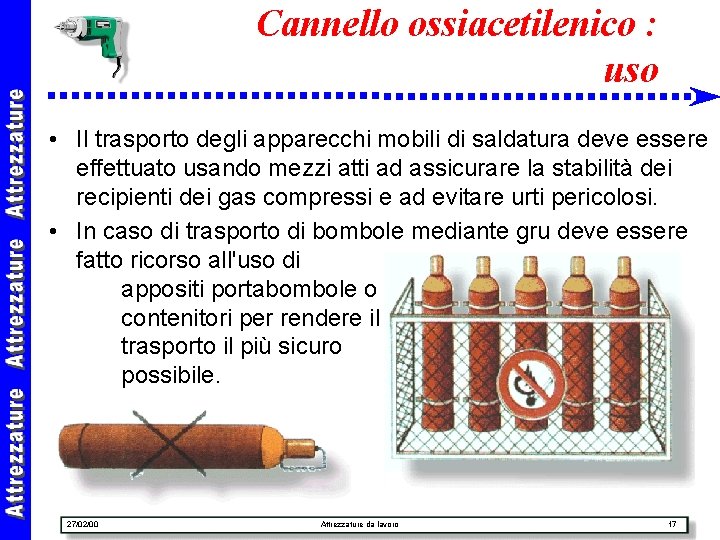 Cannello ossiacetilenico : uso • Il trasporto degli apparecchi mobili di saldatura deve essere
