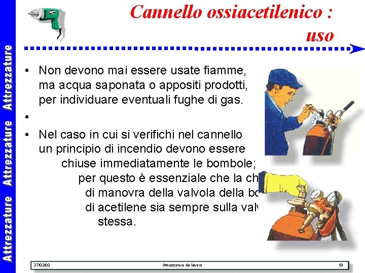 Cannello ossiacetilenico : uso • Non devono mai essere usate fiamme, ma acqua saponata