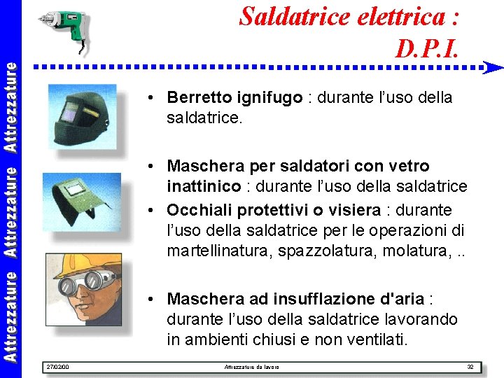 Saldatrice elettrica : D. P. I. • Berretto ignifugo : durante l’uso della saldatrice.
