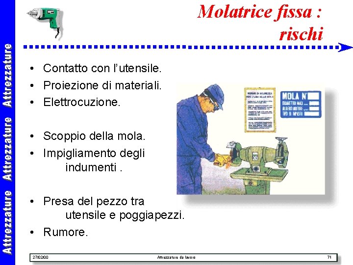 Molatrice fissa : rischi • Contatto con l’utensile. • Proiezione di materiali. • Elettrocuzione.