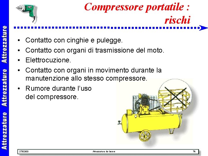 Compressore portatile : rischi • • Contatto con cinghie e pulegge. Contatto con organi