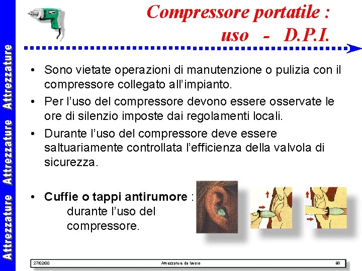Compressore portatile : uso - D. P. I. • Sono vietate operazioni di manutenzione