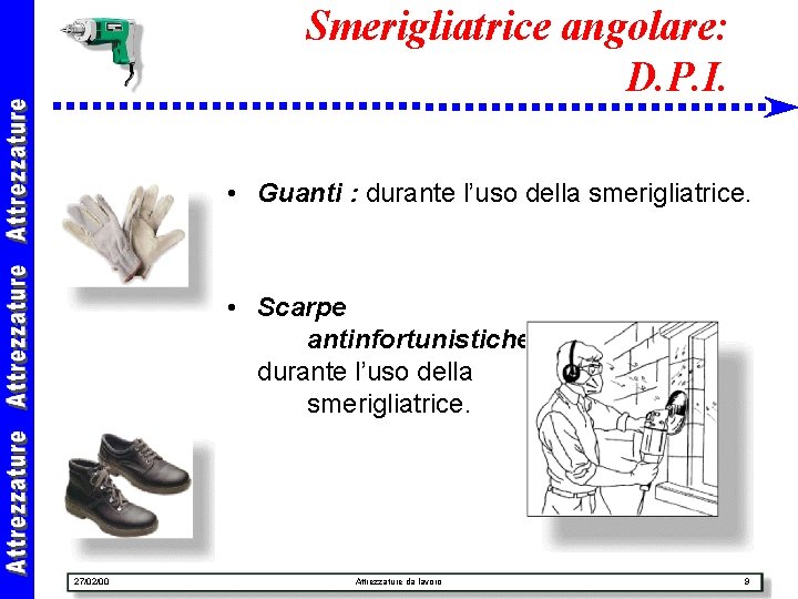 Smerigliatrice angolare: D. P. I. • Guanti : durante l’uso della smerigliatrice. • Scarpe