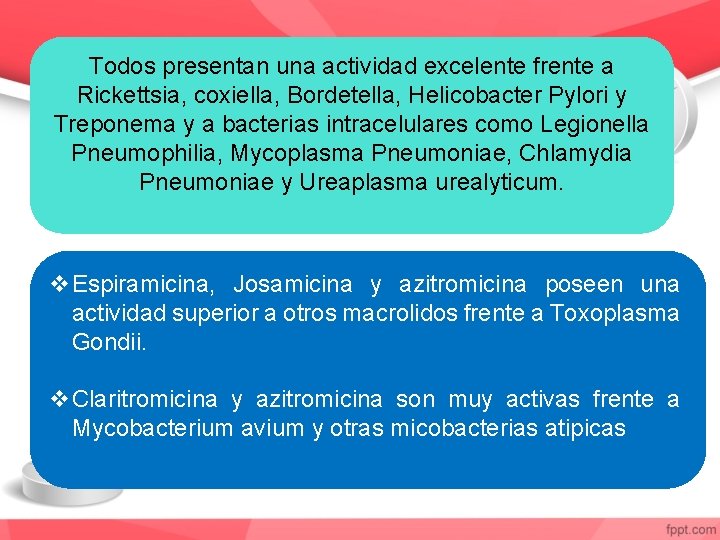 Todos presentan una actividad excelente frente a Rickettsia, coxiella, Bordetella, Helicobacter Pylori y Treponema