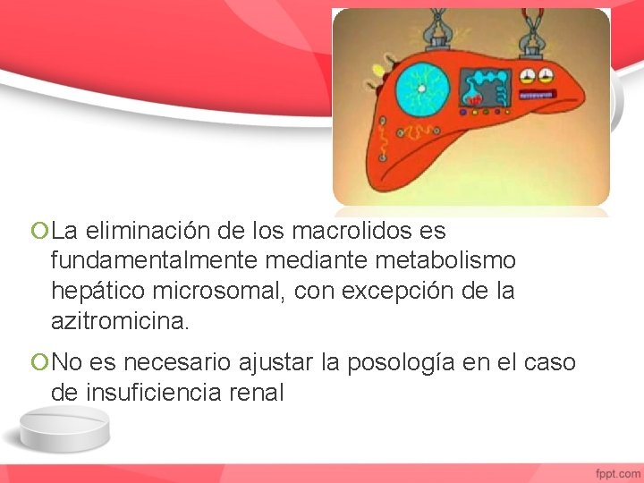  La eliminación de los macrolidos es fundamentalmente mediante metabolismo hepático microsomal, con excepción