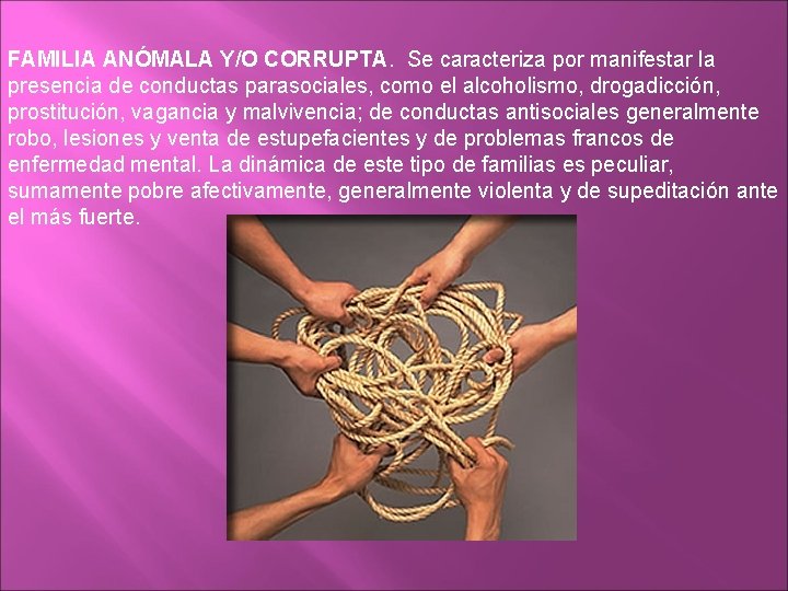 FAMILIA ANÓMALA Y/O CORRUPTA. Se caracteriza por manifestar la presencia de conductas parasociales, como