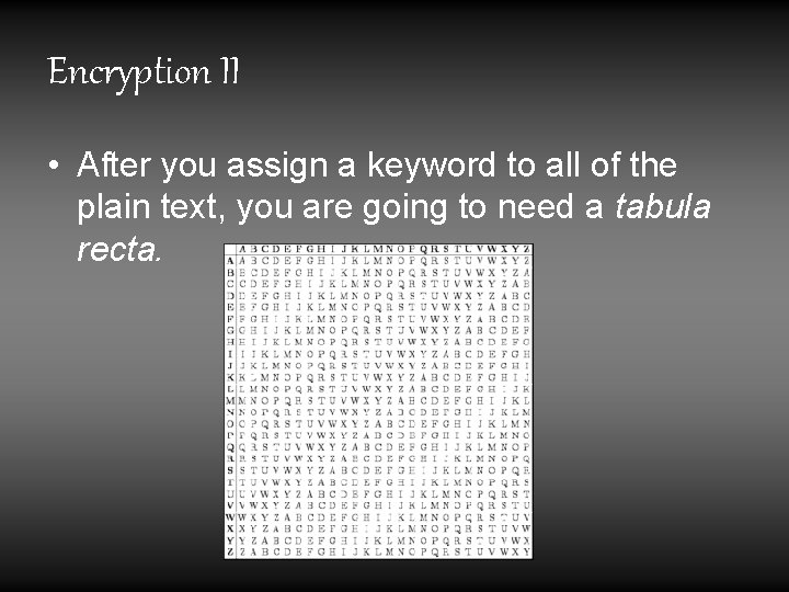 Encryption II • After you assign a keyword to all of the plain text,