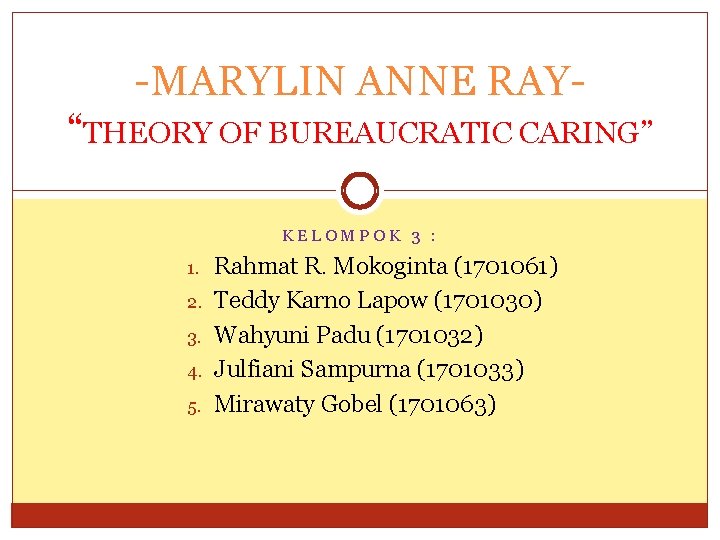 -MARYLIN ANNE RAY“THEORY OF BUREAUCRATIC CARING” KELOMPOK 3 : 1. 2. 3. 4. 5.