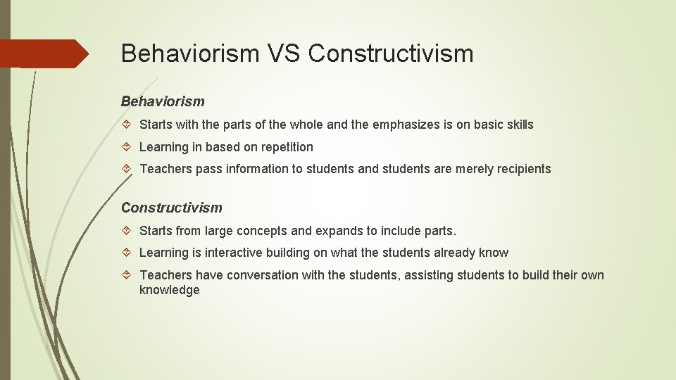 Behaviorism VS Constructivism Behaviorism Starts with the parts of the whole and the emphasizes